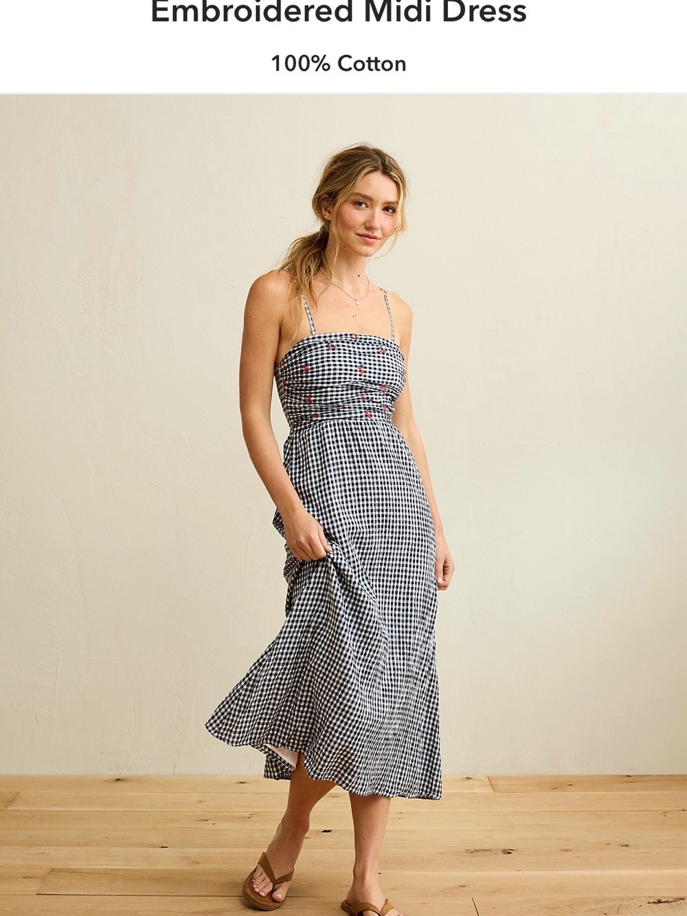 American Eagle Outfitters Navy and White Gingham Embroidered Midi Dress